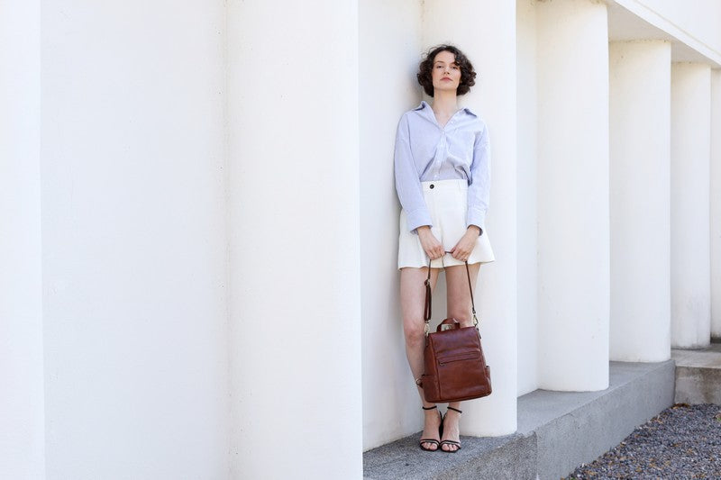 Cognac Brown Leather Convertible Backpack Shoulder Bag - The Waves Backpack Time Resistance