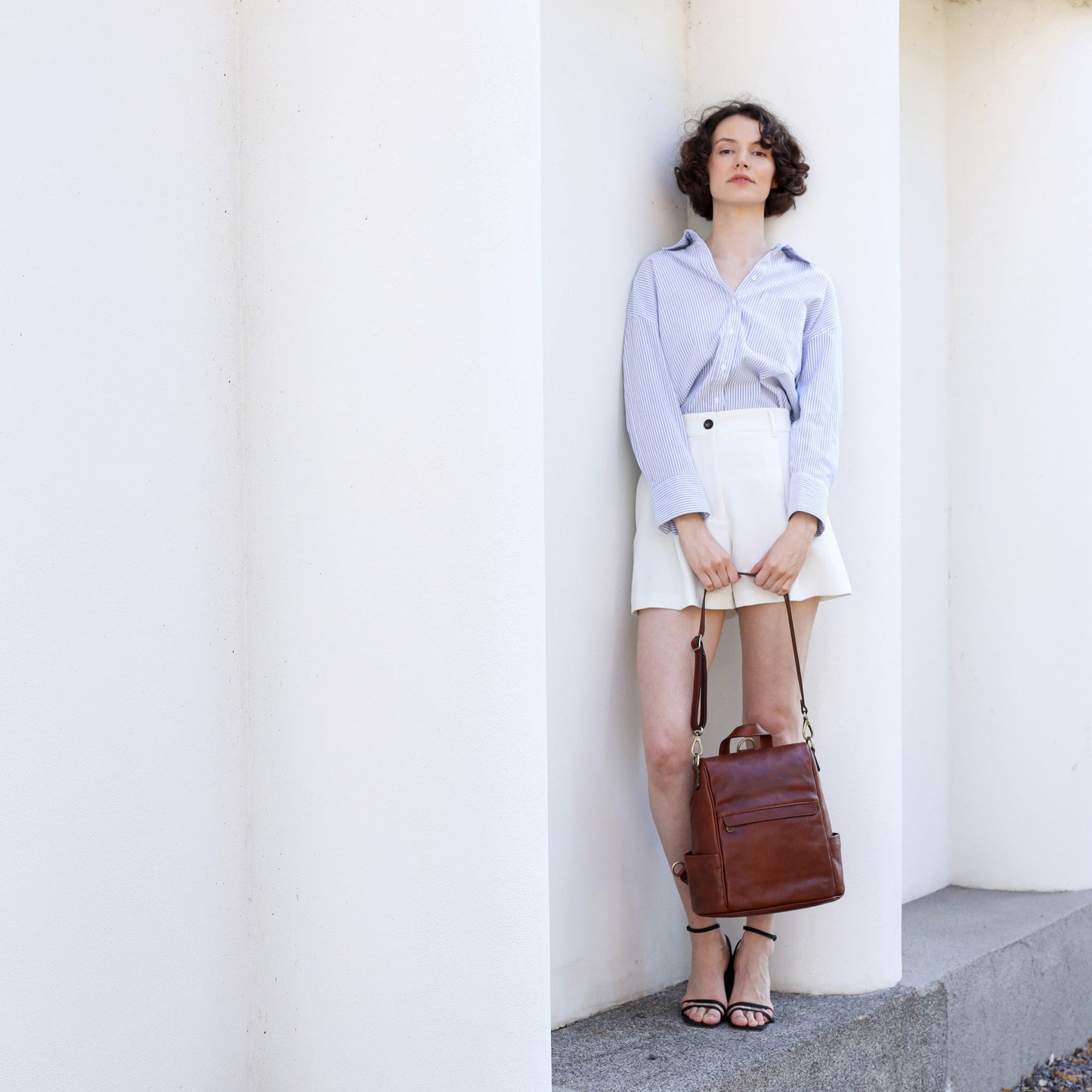 Cognac Brown Leather Convertible Backpack Shoulder Bag - The Waves Backpack Time Resistance