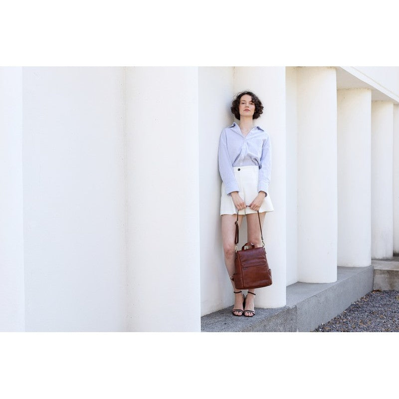 Cognac Brown Leather Convertible Backpack Shoulder Bag - The Waves Backpack Time Resistance