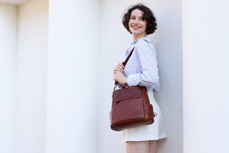 Cognac Brown Leather Convertible Backpack Shoulder Bag - The Waves Backpack Time Resistance