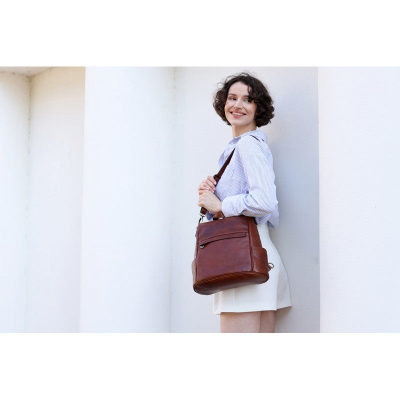 Cognac Brown Leather Convertible Backpack Shoulder Bag - The Waves Backpack Time Resistance