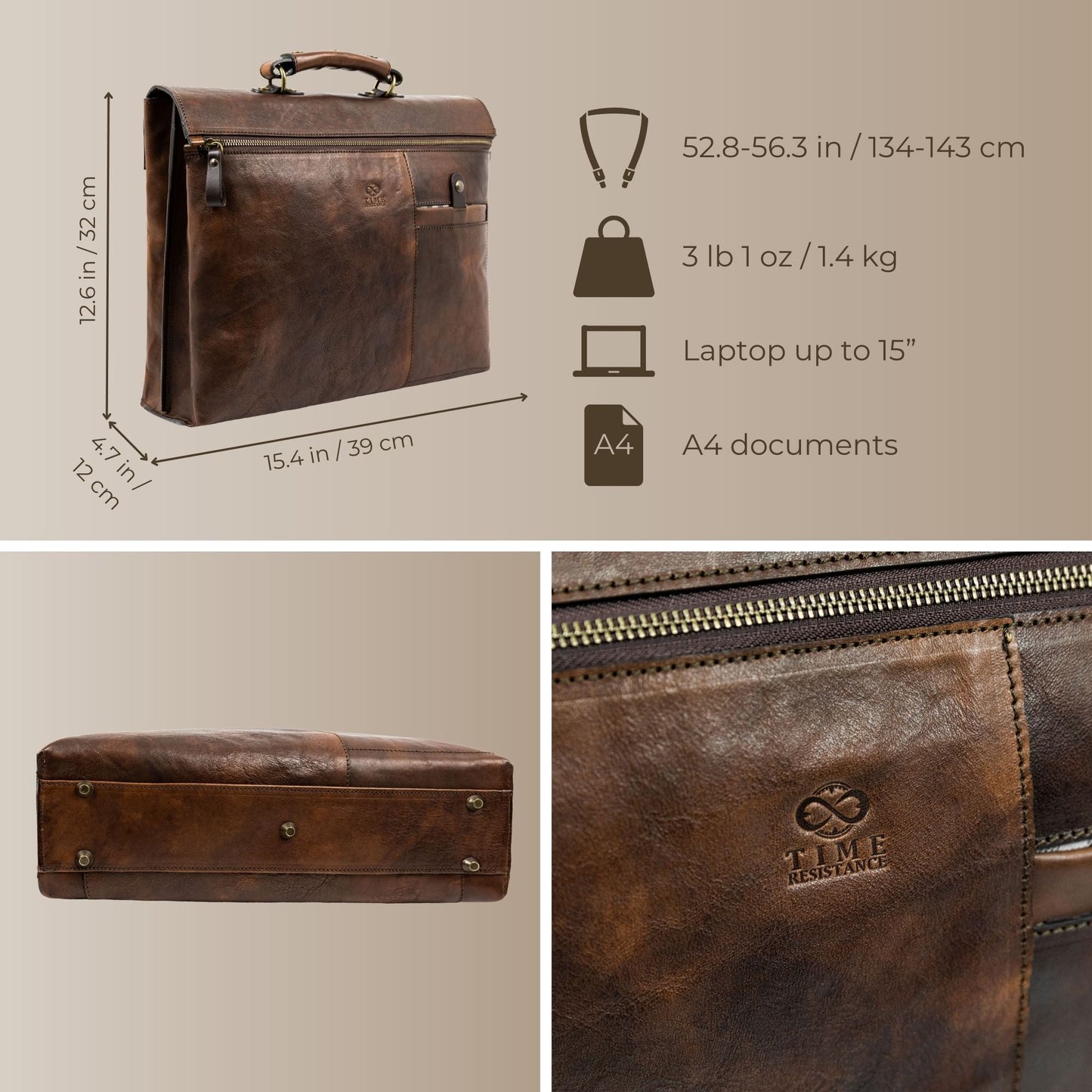 Brown Leather Briefcase Laptop Bag - From Here to Eternity Briefcase Time Resistance