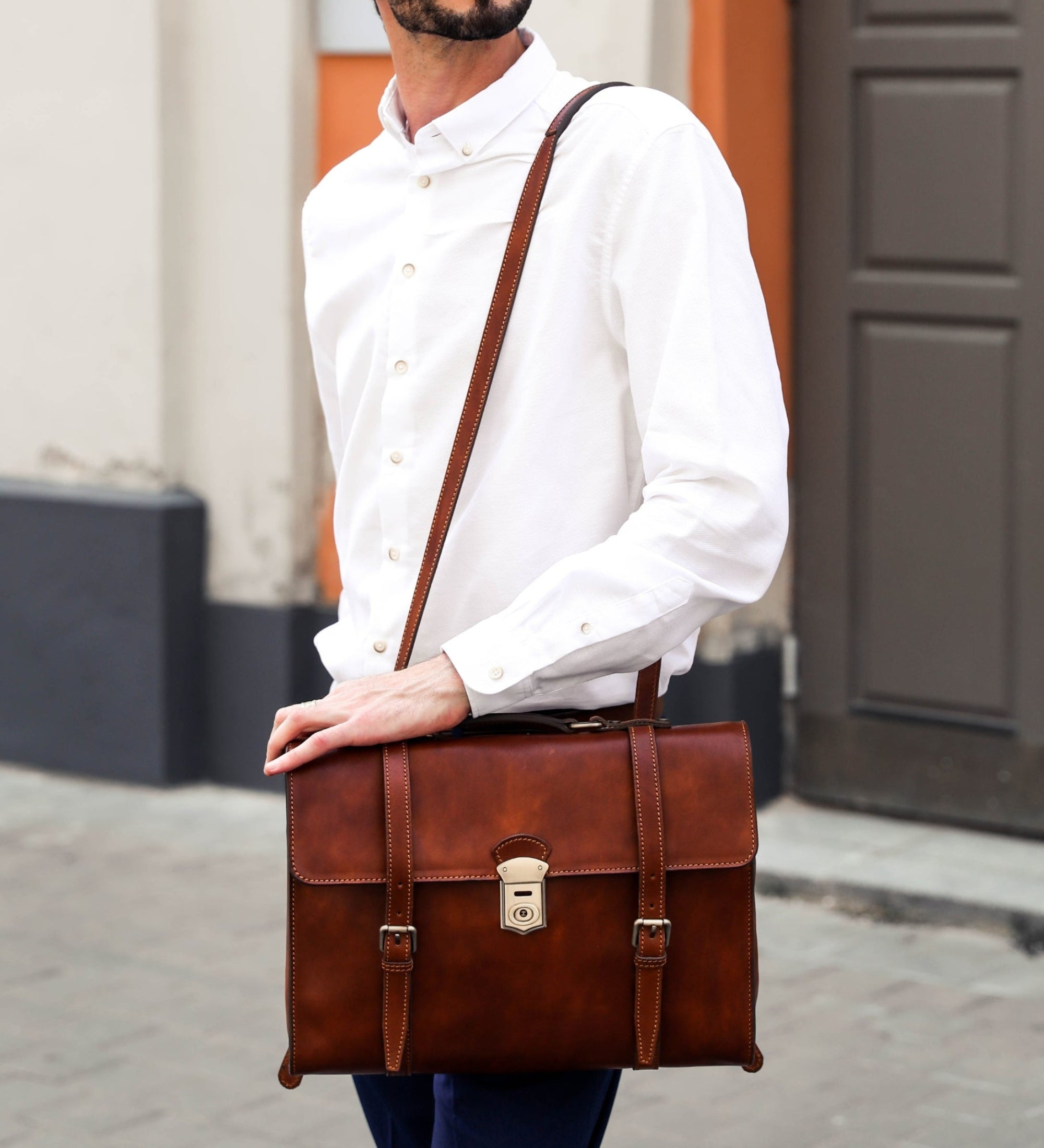 Leather Belted Briefcase, Convertible Backpack The Glass