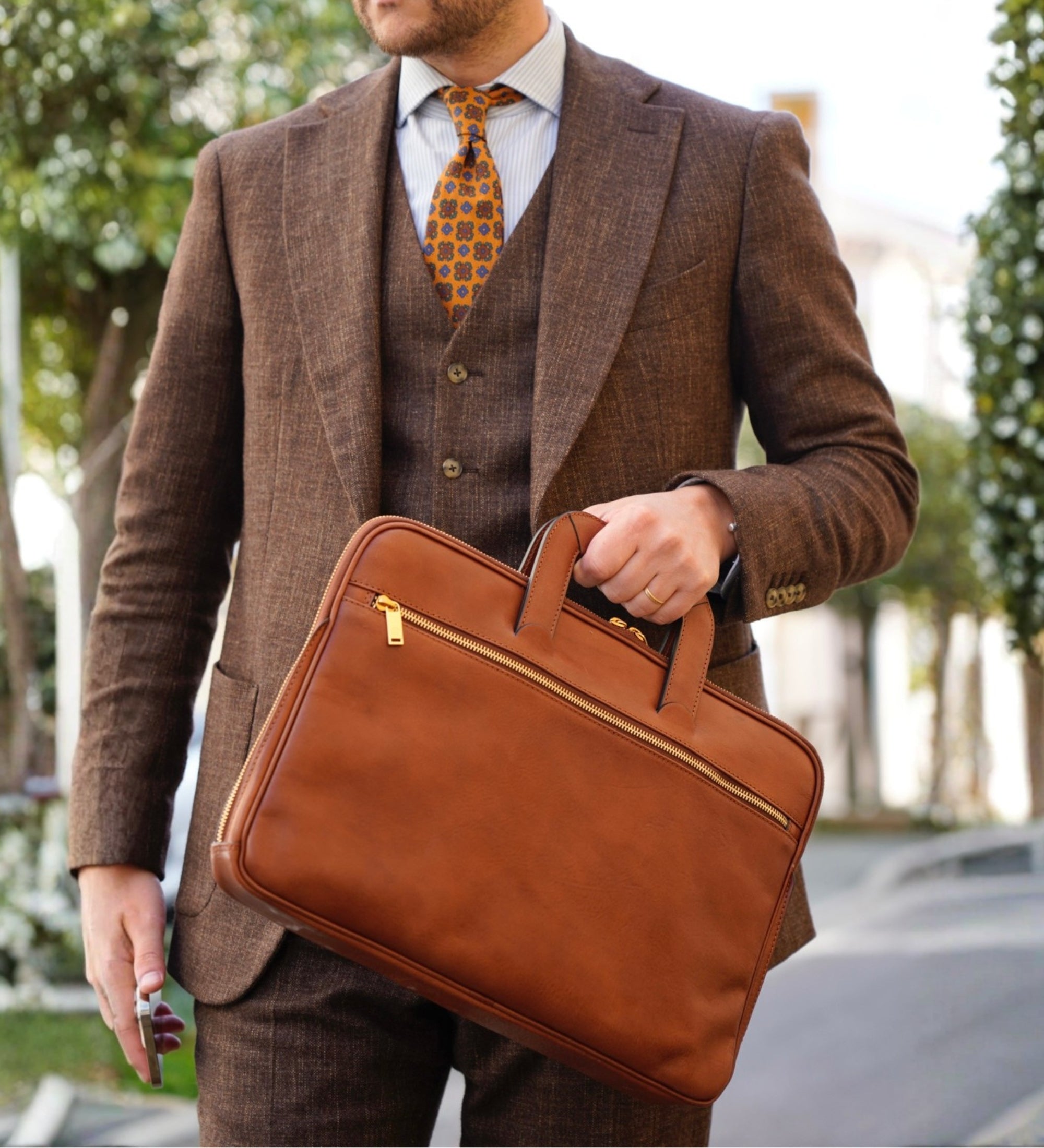 Leather Briefcase Laptop Bag - Brave New World