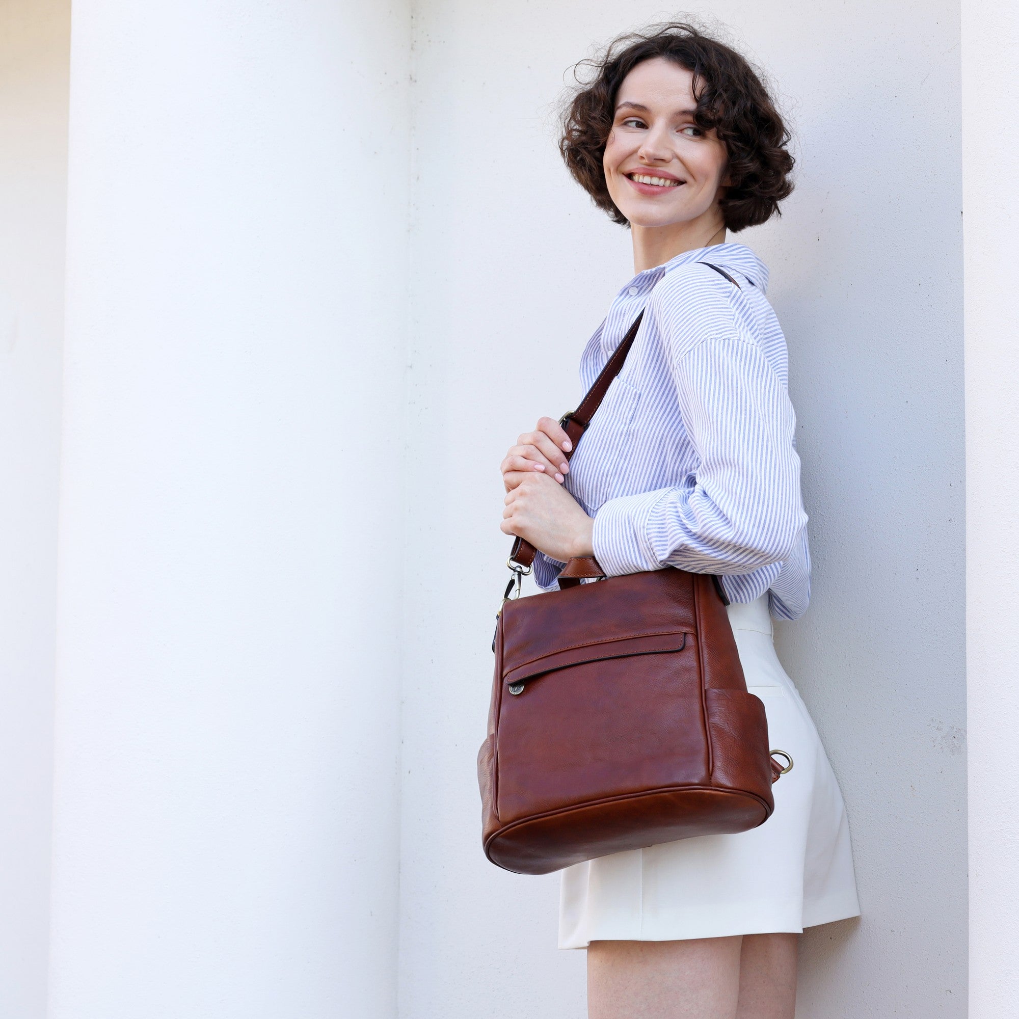 Cognac Brown Leather Convertible Backpack Shoulder Bag - The Waves