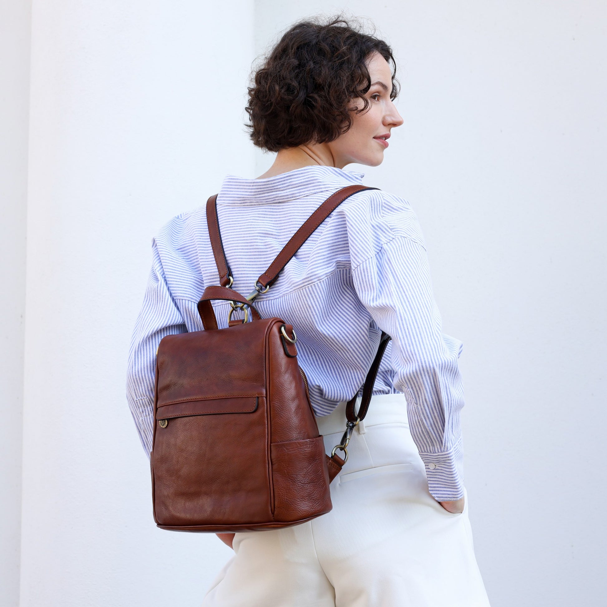 Cognac Brown Leather Convertible Backpack Shoulder Bag - The Waves Backpack Time Resistance   