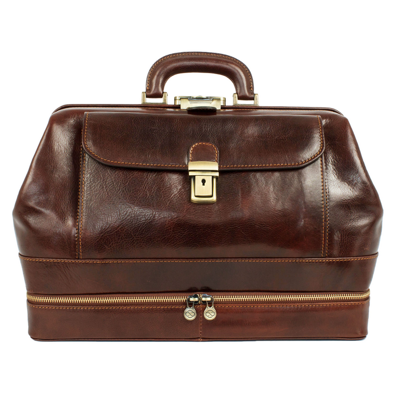 brown leather doctor bag medical bag with double bottom