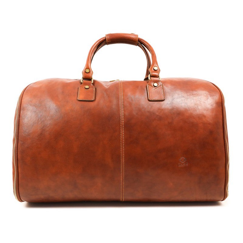cognac brown leather garment bag duffel bag