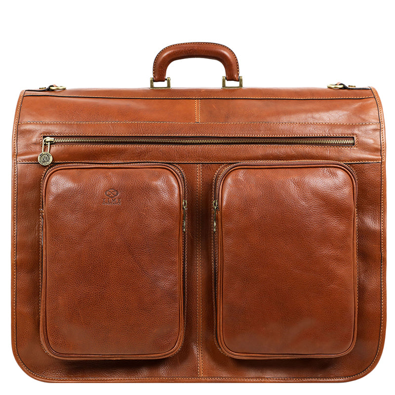 large leather garment bag with pockets