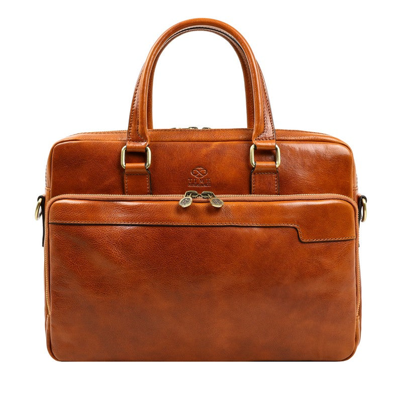 Leather Briefcase Laptop Bag - Orlando Briefcase Time Resistance Cognac Brown  