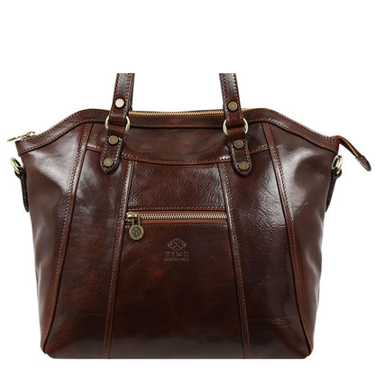 brown leather handbag with shoulder strap
