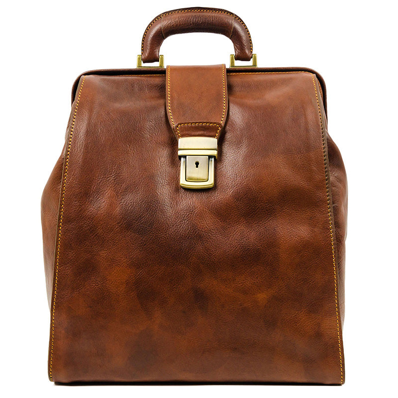 brown leather backpack with lock