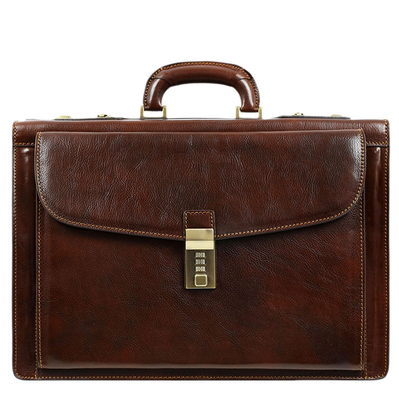 brown leather briefcase with code lock
