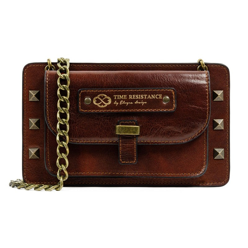edgy leather clutch with chain shoulder strap