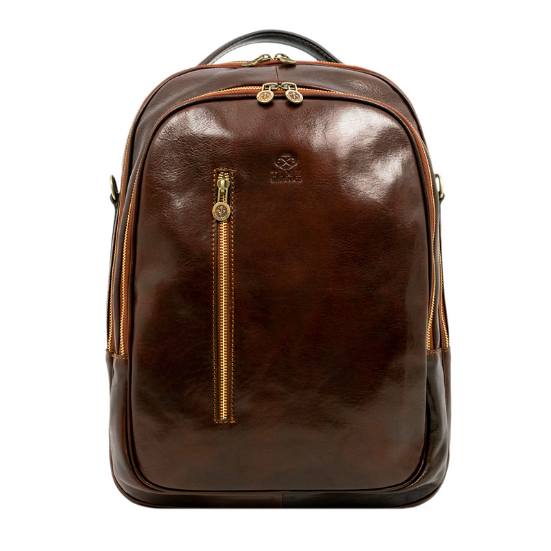 brown leather backpack with zipper