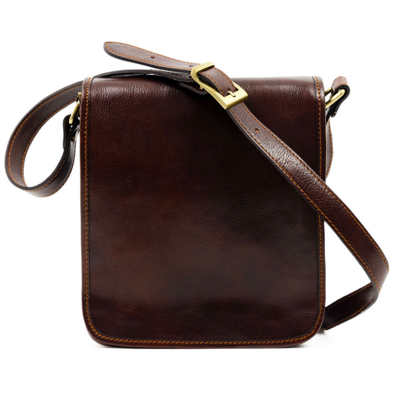 brown leather messenger bag with shoulder strap