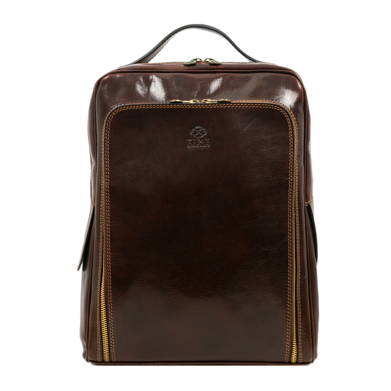 brown leather backpack with zipper