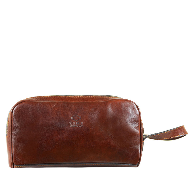 brown leather wash bag toiletry bag with zipper