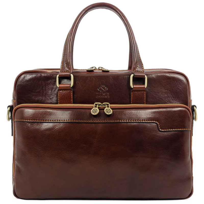 brown leather briefcase with shoulder strap
