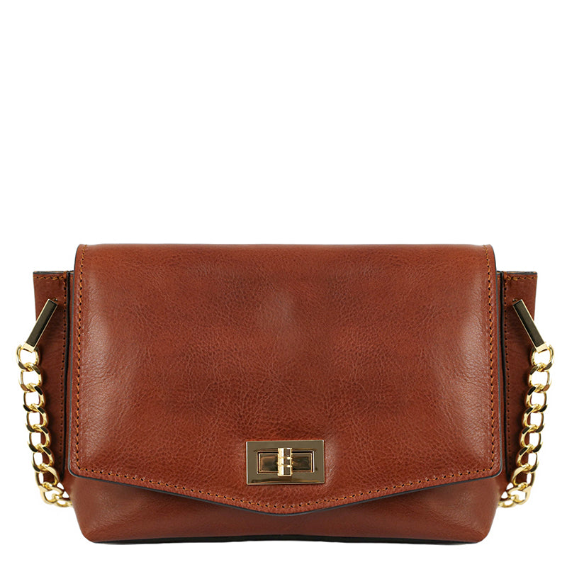 leather clutch with twist lock and chain shoulder strap